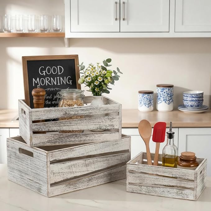 AVLA 3 Pack Wooden Storage Crates, Rustic Nesting Container Bin with Handles, Decorative Farmhouse Wood Basket, Vintage Wood Box Display Risers for Home, Kitchen Pantry Cabinet, Shelf, Counter