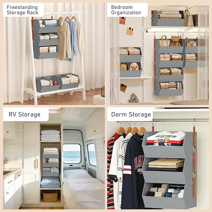 Hanging Closet Organizer Extra Large, Clothes Hanging Shelves for Closet with Divider, Collapsible Closet Storage System, Fabric Storage Bins for Home, Dorm, Rv, Sweaters, Handbags, Underwear, Sock