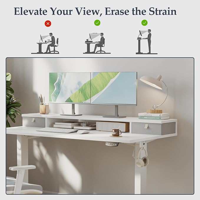 Klicelor 48 x23 Inch Electric Standing Desk with Drawers, Adjustable Height Small Sit Stand Desk for Home Office, Compact Computer Workstation with Storage– White