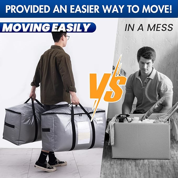 TAILI Extra Large Moving Bags, 8 Pack Silver Heavy Duty Totes for Storage with Visible Window, Wrap Around Handles, Storage Bags for Space Saving, Alternative to Moving Boxes