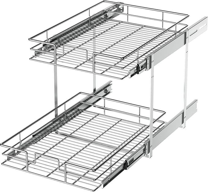 LOVMOR 2 Tier Individual Pull Out Cabinet Organizer 14" W x 21" D, Slide Out Kitchen Cabinet Storage Sliding Shelves