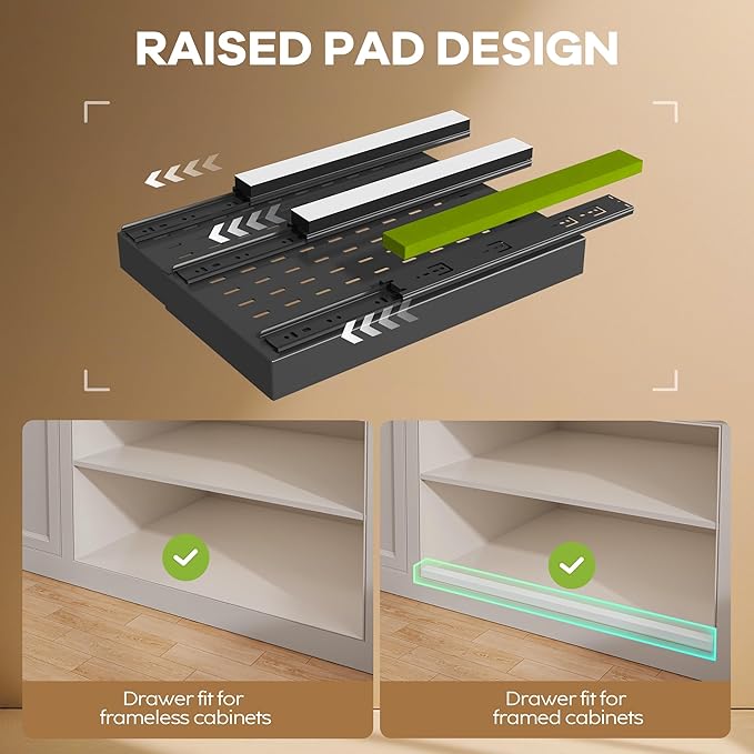 Seinloes 2 Pack Pull out Cabinet Organizer 21" Deep With Raising Pad for Framed Cabinets, Expandable (9"-14" W) Slide out Drawers for Kitchen Cabinets with 4pcs Divider Racks, Roll out Shelves, Black