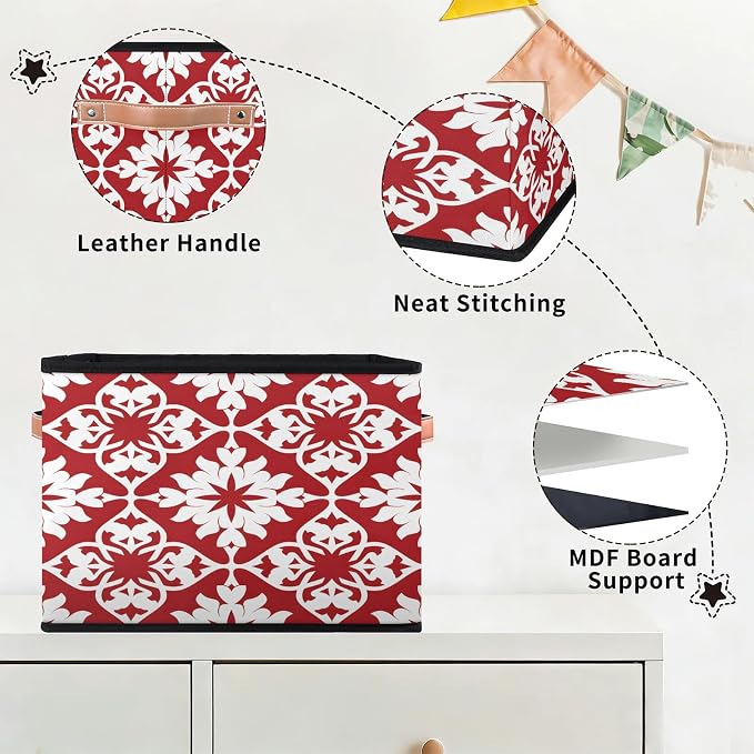 Mexican Tile Closet Storage Bin, Foldable Storage Baskets for Shelves, Decorative Shelf Organizer Red Mexico Tile Fabric Cube Bin for Living Room Bedroom Home Dorm