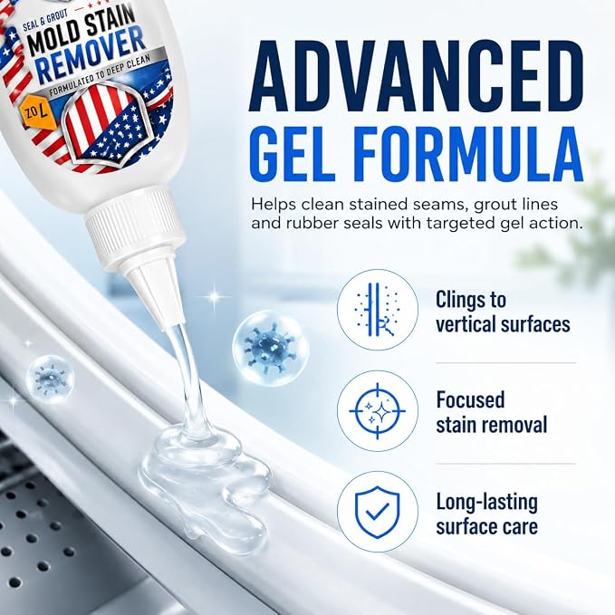 Mold Stain Cleaner Gel 7oz, Powerful Thick Stain Remover with Brush Applicator for Tile Lines, Sink Edges, Shower, Washing Machine Gasket, Rubber Loader Seal, Bathroom Grout, for Hard to Reach Stain