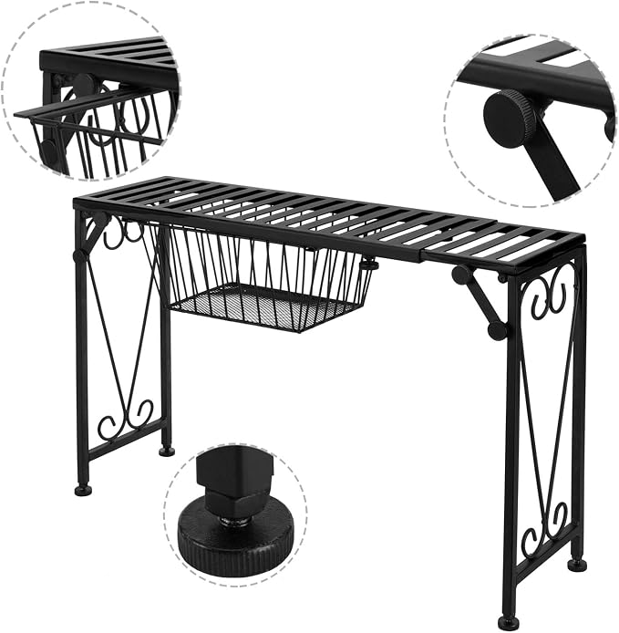 MyGift Expandable Black Metal Over Sink Shelf with Pull Out Drawer | Kitchen & Bathroom Organization, Countertop Space Saver, Adjustable Design, Hidden Drawer, Decorative Scrollwork Accent