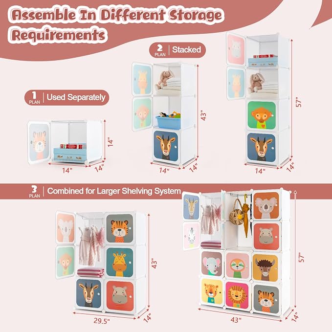 Costzon Kids Closet, Cartoon DIY Modular Dresser Storage Organizer with 12 Cubes & 2 Clothes Hanging Rack, Portable Armoire for Baby Toddlers, Kids Wardrobe for Bedroom Nursery (White)
