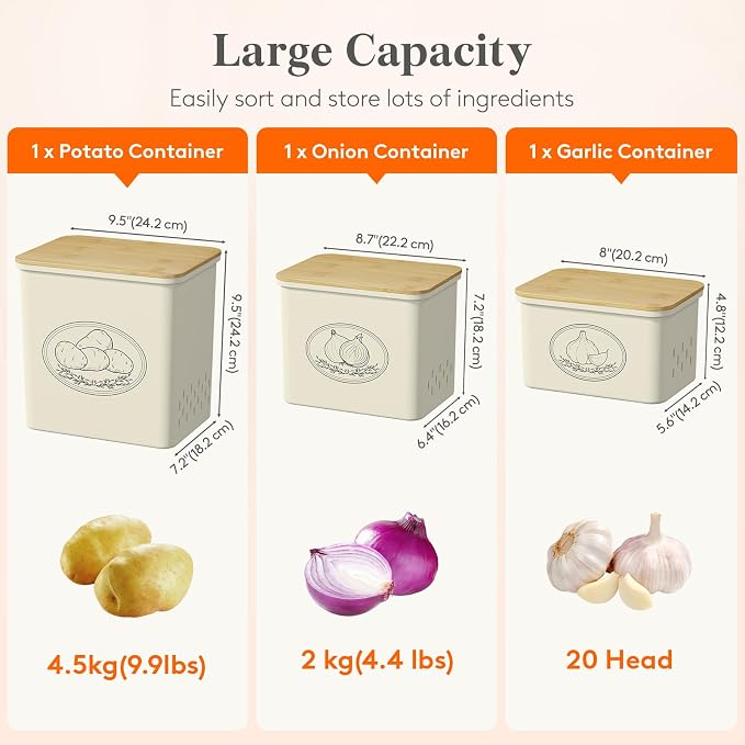 Lifewit Plastic Potato and Onion Storage Bin Box, Set of 3, Beige | Stackable Garlic Keeper, Vegetable Container Box, Aerating Holes & Lid for Pantry Countertop
