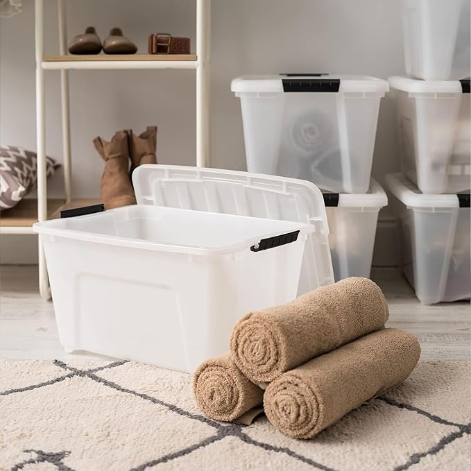 IRIS USA 8 Pack Stackable Storage Bin, 32 Quart Plastic Container Totes with Latching Lids for Home and Office Organization, Pearl