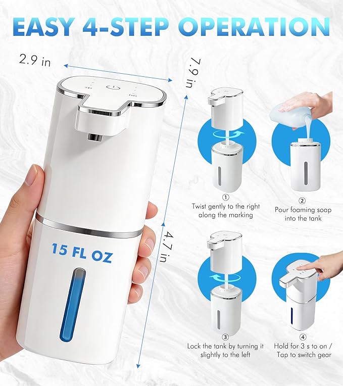 RYTOXILO Automatic Foaming Soap Dispenser Touchless, 2 Pack White Auto Foam Soap Dispensers for Bathroom and Kitchen, 15 Fl Oz Plastic Electric Dish Foamy Dispensers Wall Mount with 1200 mAh Battery