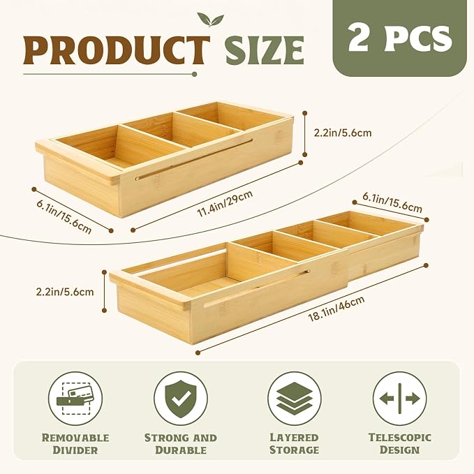 Yookeer 2 Pcs Expandable Drawer Organizer Adjustable Hanging Deep Drawer 11.4'' to 18.1'' Bamboo Wood Dividers Storage Tray for Desk Kitchen Bedroom Bathroom Office Supplies