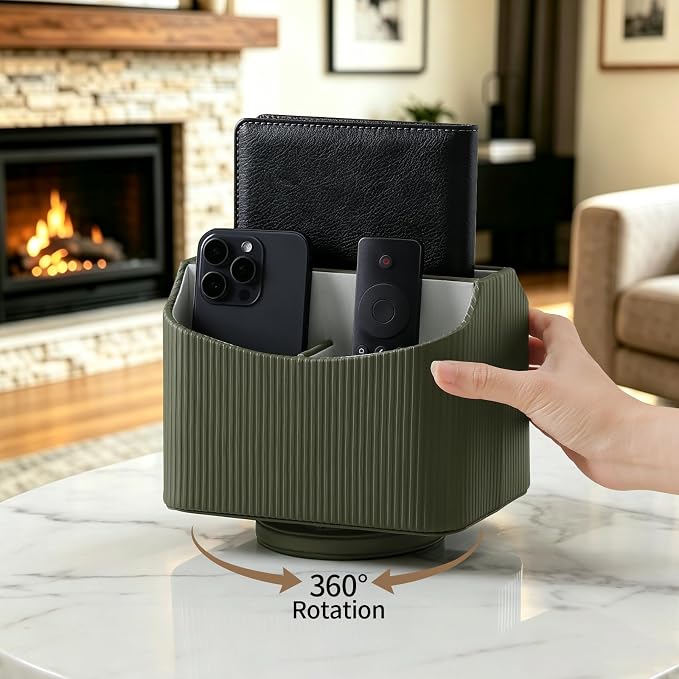 360° Rotating Remote Control Holder, Desk Organizer for Nightstand | PU Leather 5 Compartments Remote Caddy, Spinnig Remote Organizer for Office Bedside Table Coffee Table, Swivel Remote Holder