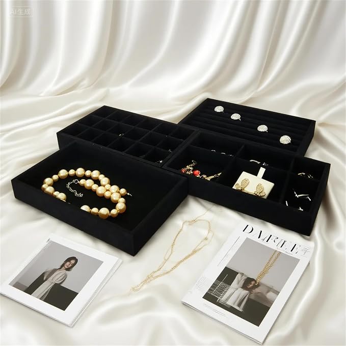 Stackable Jewelry Trays Velvet Drawer Organizer Inserts Tray Jewelry Storage Display Case for Rings,Stud Necklaces,Earrings (Black)