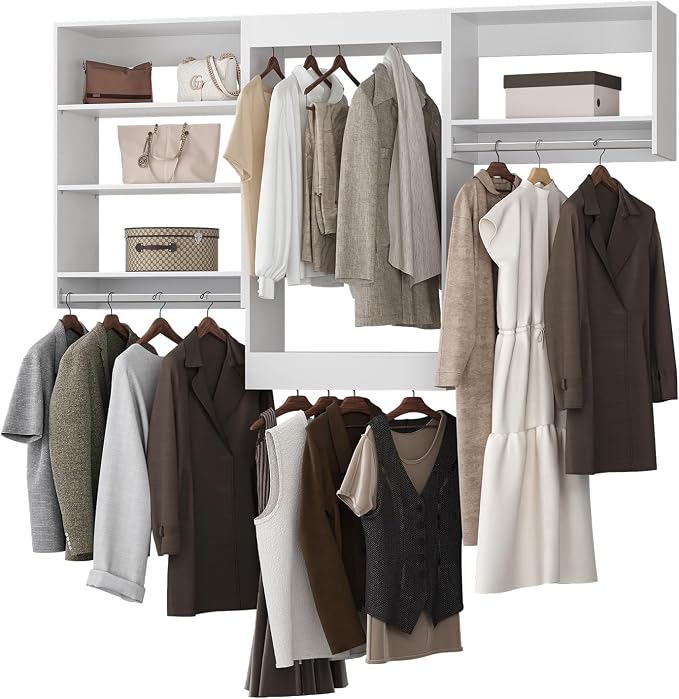 Modular Closet, 96" Wide Organizer With Hanging Shelves, Wood Tower Storage for Walk In Closets, Wall Mounted White Wardrobe Organizer