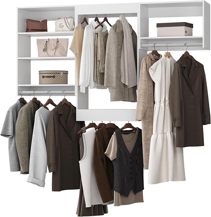 Modular Closet System, 60" Wide Closet Organizer System with Hanging Shelving , Wood Tower Closet Storage for Walk In Closets, Wall Mounted Wardrobe Organizer Kit System, Bedroom, White