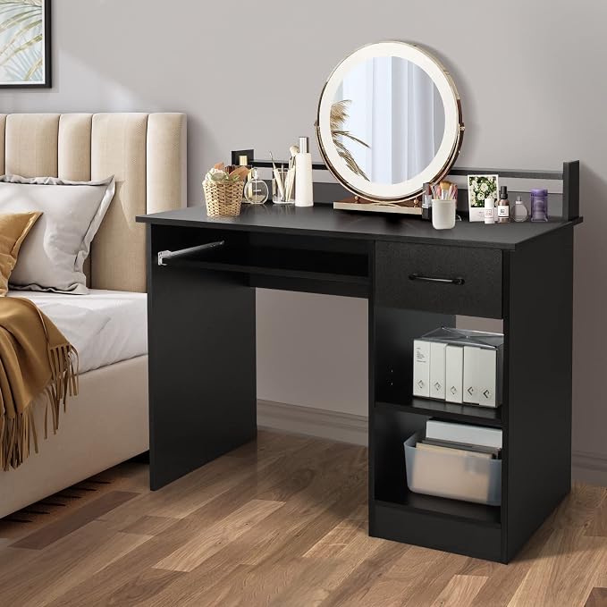 Tangkula Computer Desk with Drawer & Keyboard Tray, 22 Inch Wide Modern Study Writing Desk with Desktop Hutch & Storage Shelves, Home Office Desk for Kids, Wood PC Laptop Desk, Desk for Bedroom