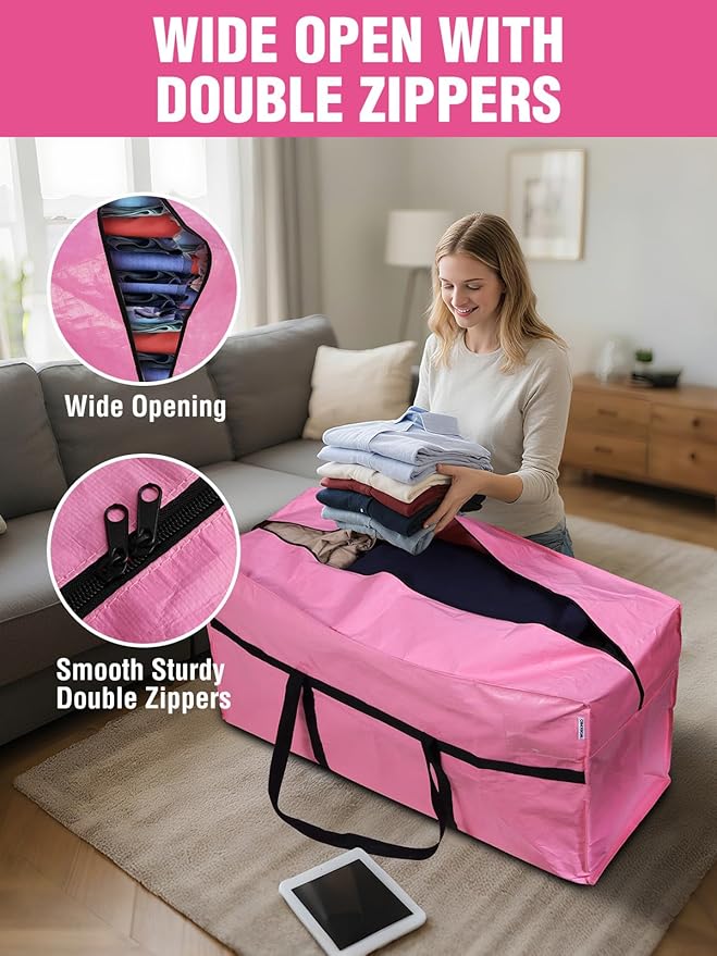 WORKPRO 1 Pack 66 Gallon Extra Large Moving Bag with Zippers, Carry Handles, Heavy-Duty, Water-Resistant Storage Totes for Moving & Space-Saving Organization, Pink