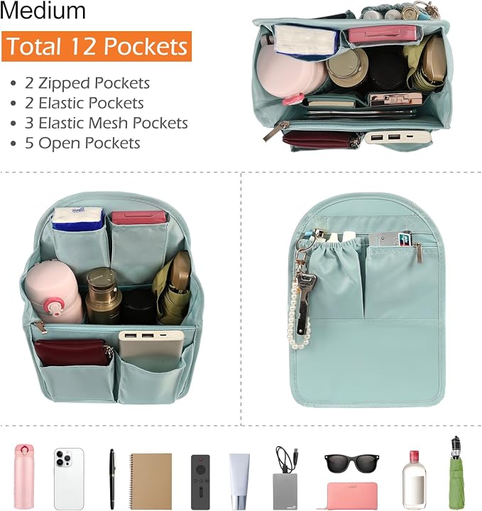 Surblue Backpack Organizer Insert Liner Hanging Travel Rucksack Purse and Handbag Insert Pocket, High-capacity Divider Foldable Nylon Shoulder Bag Organizer for Men and Women, (Skyblue, M)