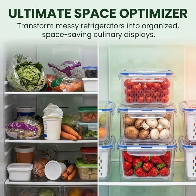 Fruit Storage Containers for Fridge with Removable Colander, Airtight Produce Storage Containers with Lids, Fridge Organizers and Storage for Berry, Fruit, Vegetables, Salad & Meal Prep (Gray, S+M)