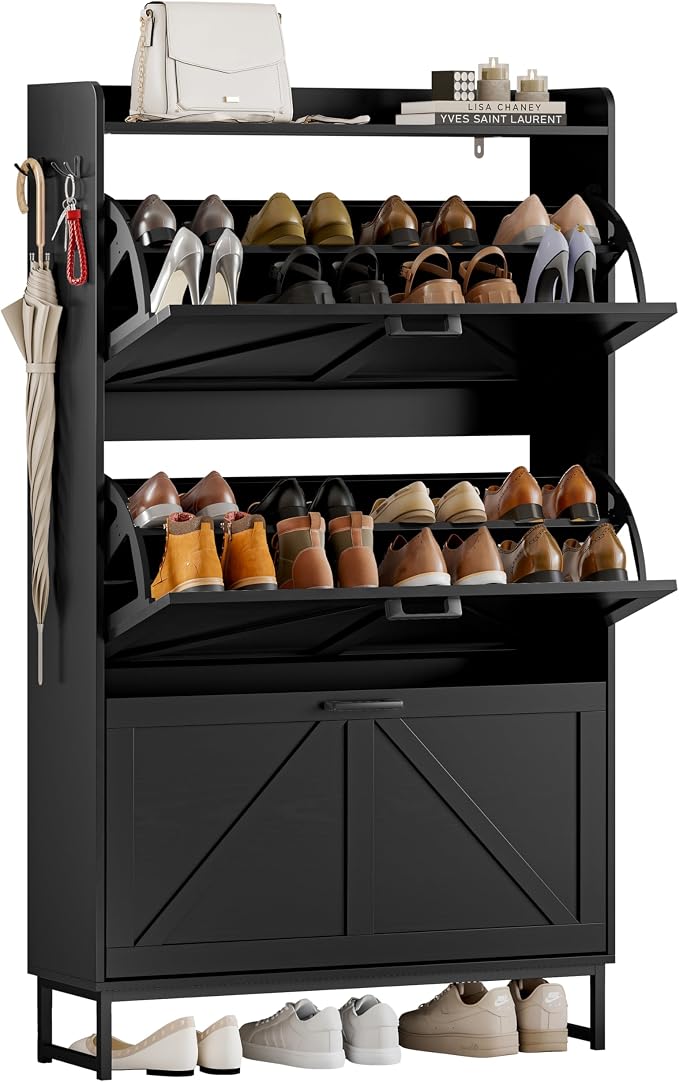 Wodeer Shoe Cabinet Storage for Entryway, Shoe Storage Cabinet with 3 Flip Drawers, Freestanding Narrow Shoe Rack Organizer with Metal Legs & Side Hook for Foyer, Hallway, Black