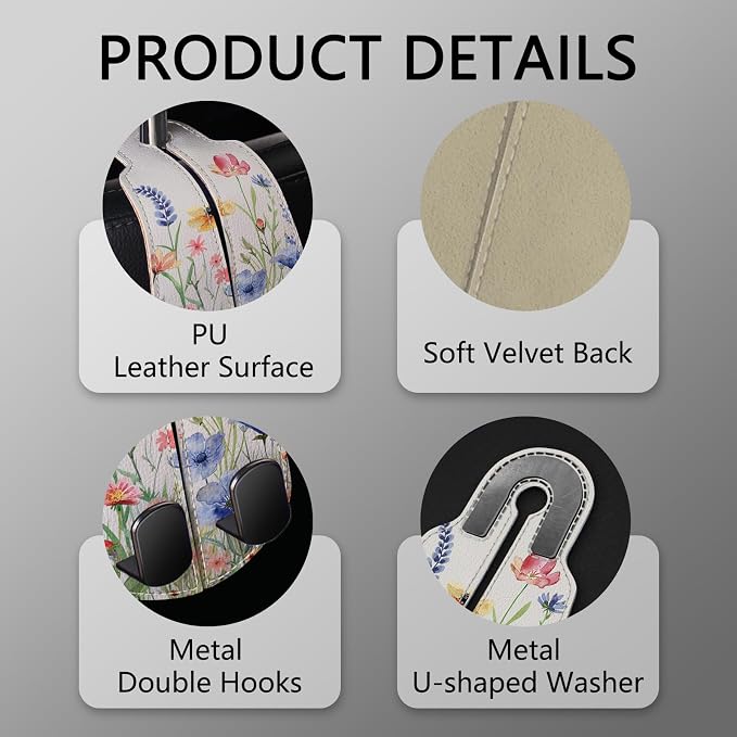 Blusabaca 2PCS Car Seat Headrest Hooks, Purses Bags Holder, Vibrant Floral | PU Leather, Double Metal Back Storage Hangers for Grocery Bags Handbags Bottles Coats Phones, Car Accessories Organization