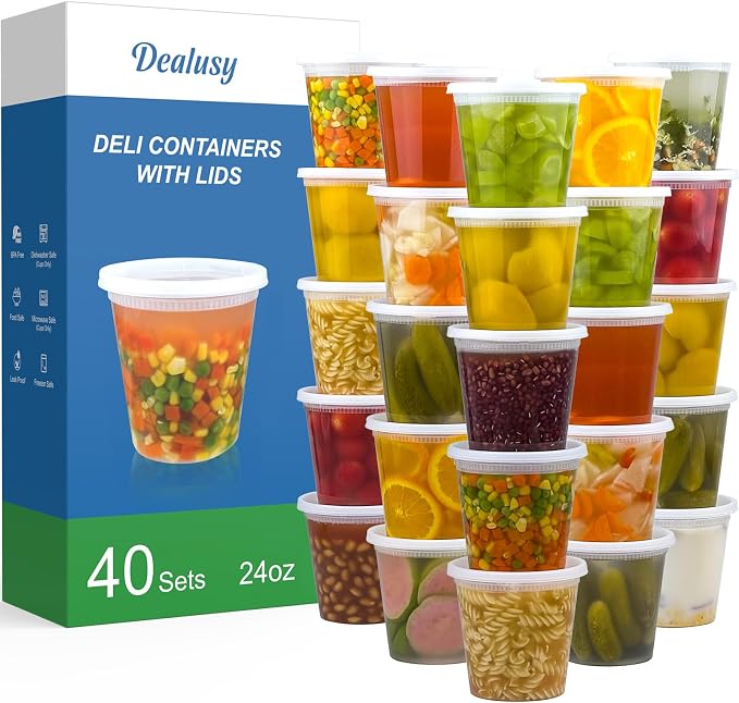 Dealusy 40 Set 24 oz Deli Containers with Lids, Leak-Proof BPA Free Plastic Take Out Bowls, Food Storage Containers for Takeout Meal Prep Storage, Freezer, Microwave & Dishwasher Safe