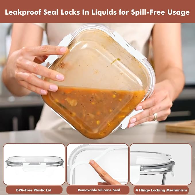 Razab 2 PC 1200ML / 41 Oz Glass Food Storage Containers with Lids - Airtight & Leakproof - Microwave/Oven/Freezer Safe - BPA Free - Ideal for Meal Prep, Storing Leftover & Lunch