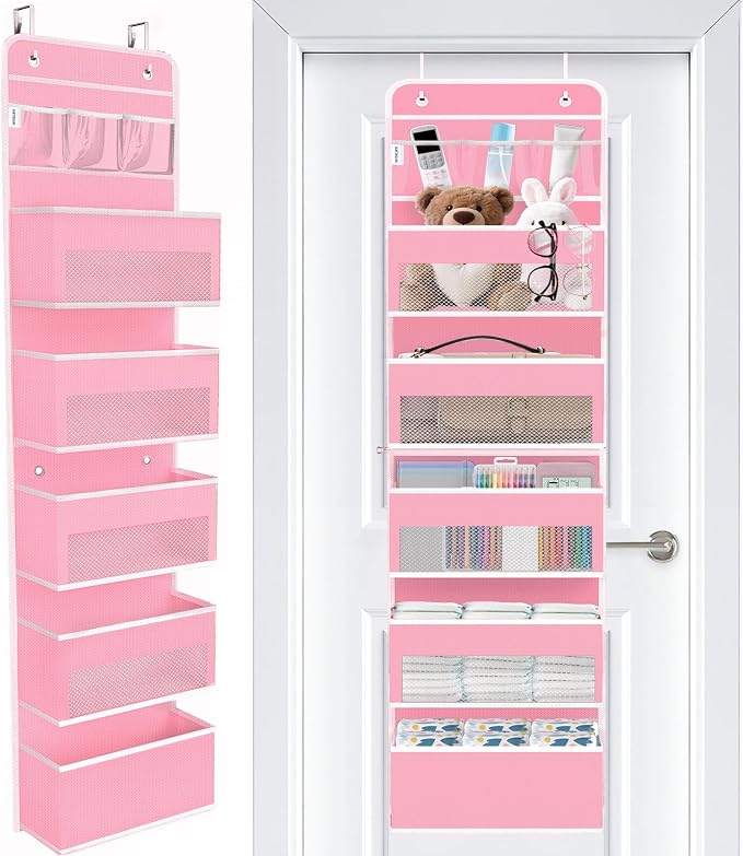 WISELIFE Over the Door Organizer - 6 Shelves Detachable Hanging Bedroom Storage Solution with 5 Large Pockets and 3 PVC Pockets for Dorm Bathroom, Pantry Nursery Baby Essentials (Pink)
