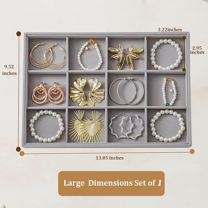 Large Jewelry Organizer for Drawer Insert Velvet Stackable Jewelry Trays for Earring Necklace Bracelet Ring Display (Gray, 12 Grids)