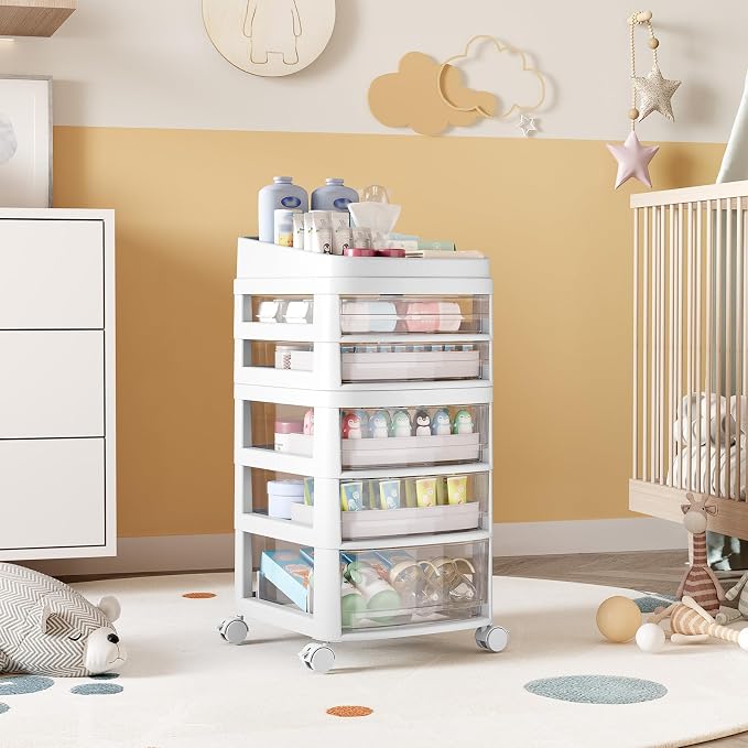 Rolling Cart with 5 Drawers, Clear Plastic Drawer Organizers, Dust Proof Under Desk Storage for Makeup, Skincare, Art Crafts and Baby Items, Acrylic Cosmetic Organizer with Dividers, Vanity Cart