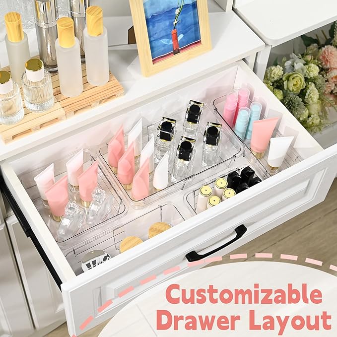 8 Pcs Medium Extendable Clear Drawer Organizer, All Adjustable Vanity Storage Box, 2-Size Desk Drawer Organizer, Acrylic Storage Bins for Makeup, Cosmetic, Bedroom Dressers Tool Organizer for Gadgets