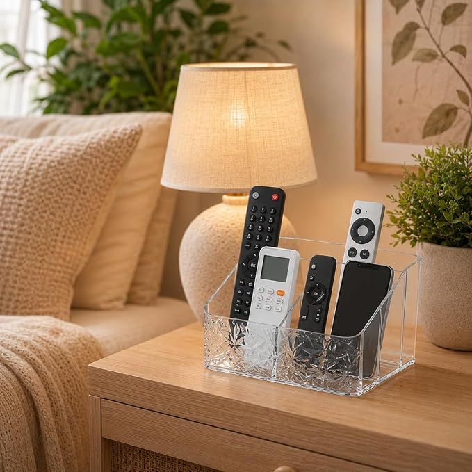 Remote Control Holder, Clear Desk Organizer with 4 Slots, Remote Caddy for TV Remotes, Streaming Devices, Controller Holder, Nightstand Organizer for Bedroom, Living Room, Office and Tabletop Use