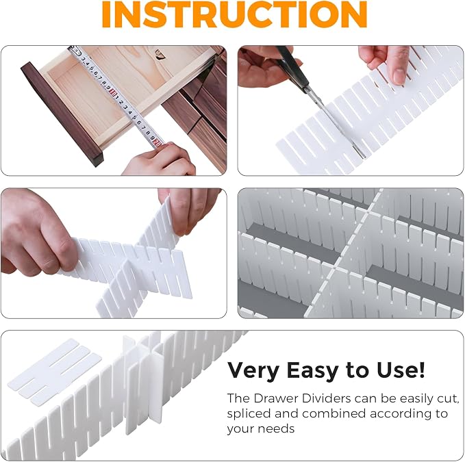 Adjustable Drawer Dividers Organizer for Kitchen, Bedroom, Dresser, Socks, Underwear, Makeup Storage, White (8)