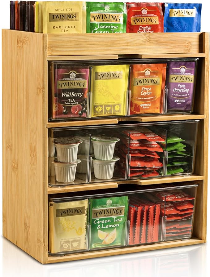 TIMIEEYA Tea Bag Organizer - Bamboo Tea Storage With Drawer 3 Layer, Organizer for Tea Bags Natural Wood & Acrylic for Countertop Office Kitchen Cabinet Pantry
