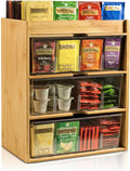 TIMIEEYA Tea Bag Organizer - Bamboo Tea Storage With Drawer 3 Layer, Organizer for Tea Bags Natural Wood & Acrylic for Countertop Office Kitchen Cabinet Pantry