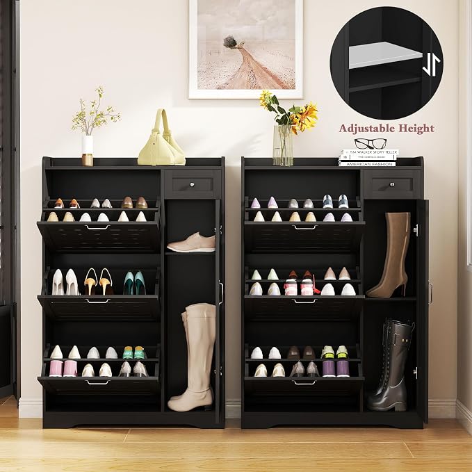 Slim Shoe Storage Cabinet for Entryway, Hidden Shoe Rack Cabinet with Doors, Drawers & Adjustable Shelf, Narrow Freestanding Ventilated Design, Thin Wooden Boot Storage Organizer, Black
