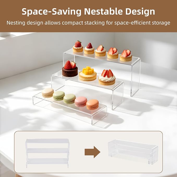 3 Tier Clear Acrylic Display Shelf Organizer, Pantry Can Rack for Food and Drinks, Tiered Stand for Perfume, Cupcakes, Cookies, Party Food, Figurines and Collectibles