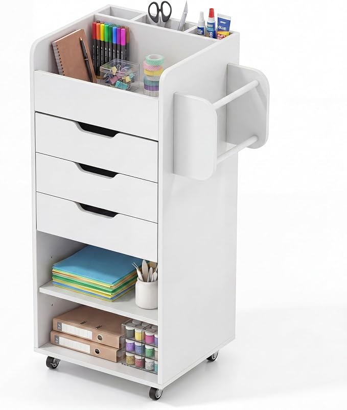 Tangkula Rolling Storage Cart, Wooden Drawer Cart with Drawers | Utility Storage Cart w/3 Shelves, Slots & Dowels, Mobile Organizer Cabinet on Wheels for Room Office Work Study