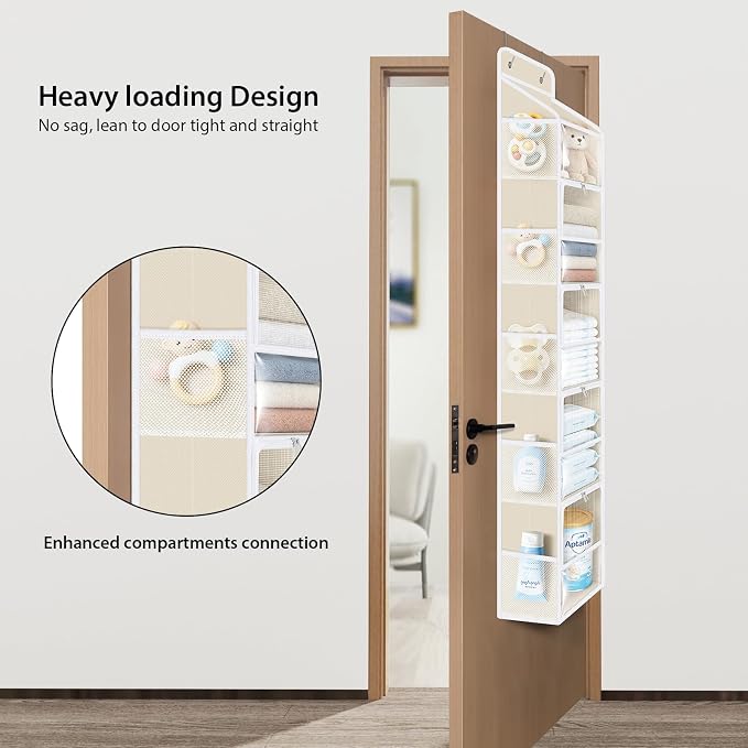 Univivi Over the Door Organizer for Baby Essential, 5-shelf, Light Beige | Fabric Baby Door Storage, Large Compartments and Mesh Side Pockets, Storage for Baby Nursery, Laundry, Bedroom and Bathroom