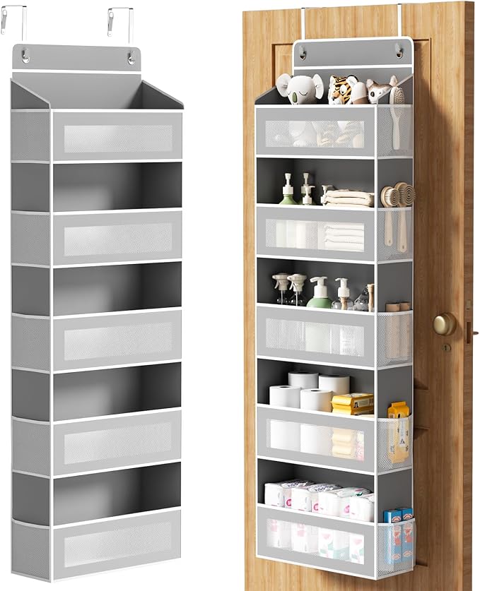 AQOOA 5-Tier Over The Door Organizer, Over the Door Storage 5 Large 10 Side Pockets 44 lbs Load Behind Door Storage, Closet Door Organizer Hanging Shelf for Bathroom Bedroom Nursery, Grey