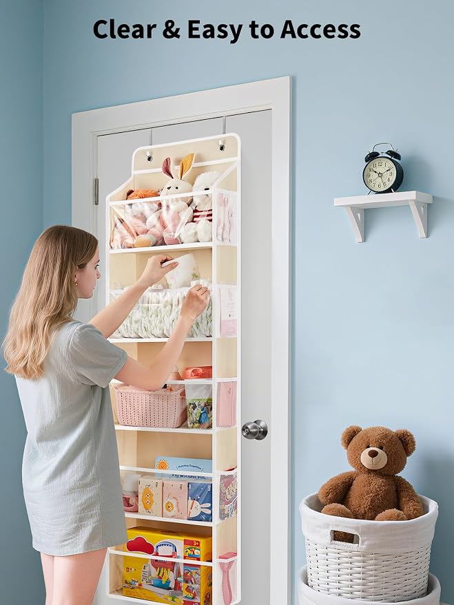 JARLINK Over The Door Toy Storage Organizer w/Clear Window, Beige | Anti-Tilt 44 lb Load Capacity, Baby Toy Storage Organizer for Stuffed Animals, Nursery, Kid Bedroom, Newborn Baby Essentials