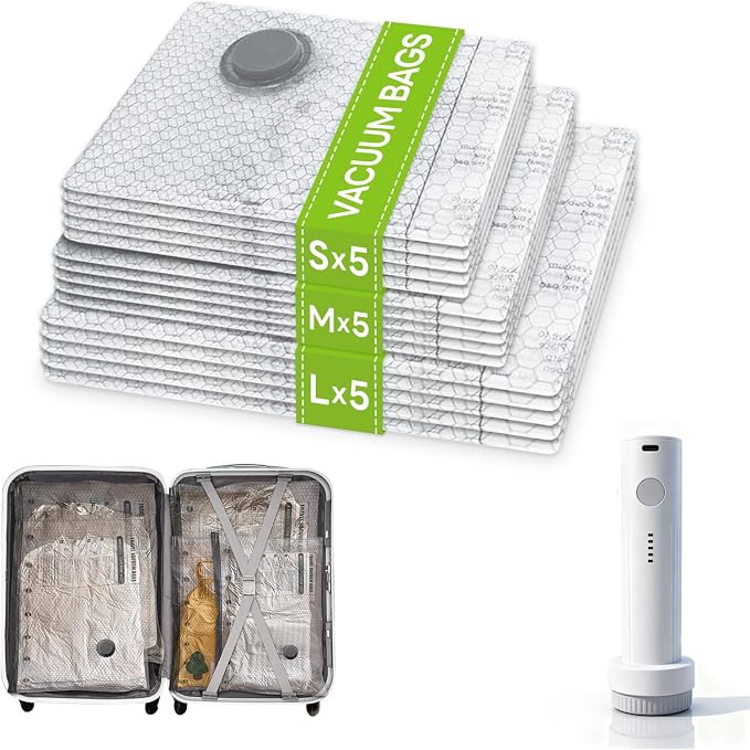 15 Pack Vacuum Bags for Travel with USB Pump,Cordless Travel Vacuum Bag Set for Luggage and Suitcase,Portable Space Saver Storage Seal Packing Bags for Clothing