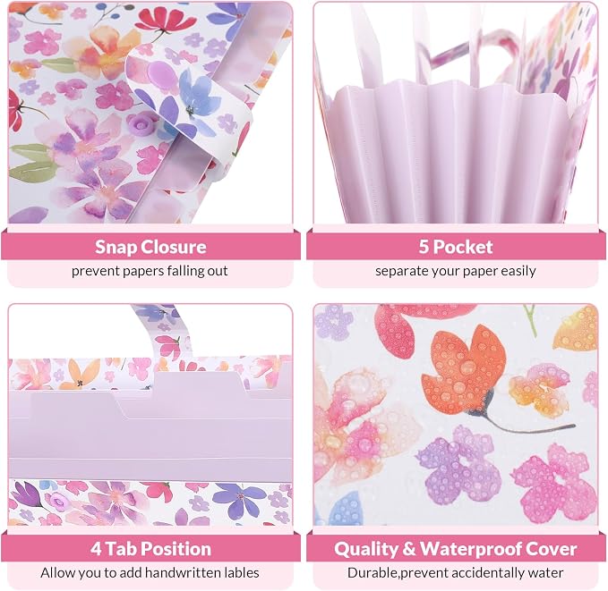 SKYDUE Accordion File Organizer, Floral Expanding File Folders with 5 Pockets, Cute Document Organizer for Paper Bills Receipt Storage, School Office & Hospital Supplies Letter/A4 Size Purple