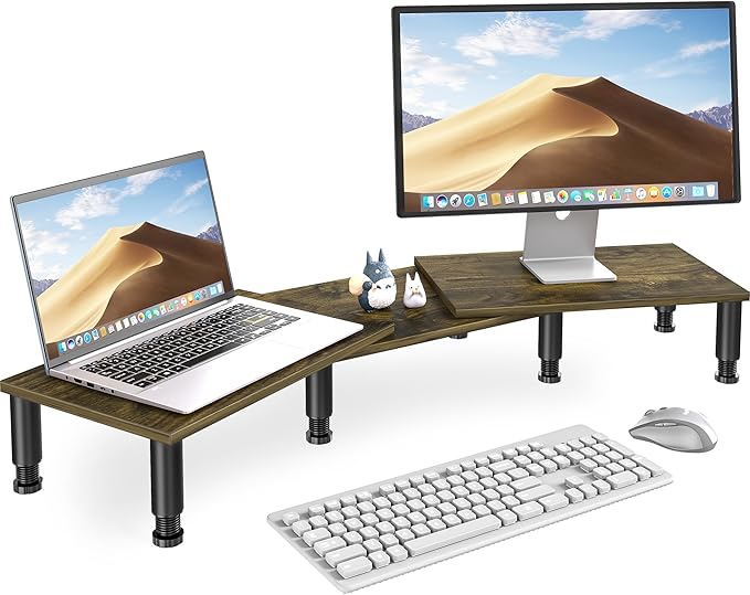 AX WABER Dual Monitor Stand Riser, Monitor Stand with Adjustable Length and Angle, Wood Monitor Stand for Desk, Monitor Riser for 2 Monitors with Storage Space