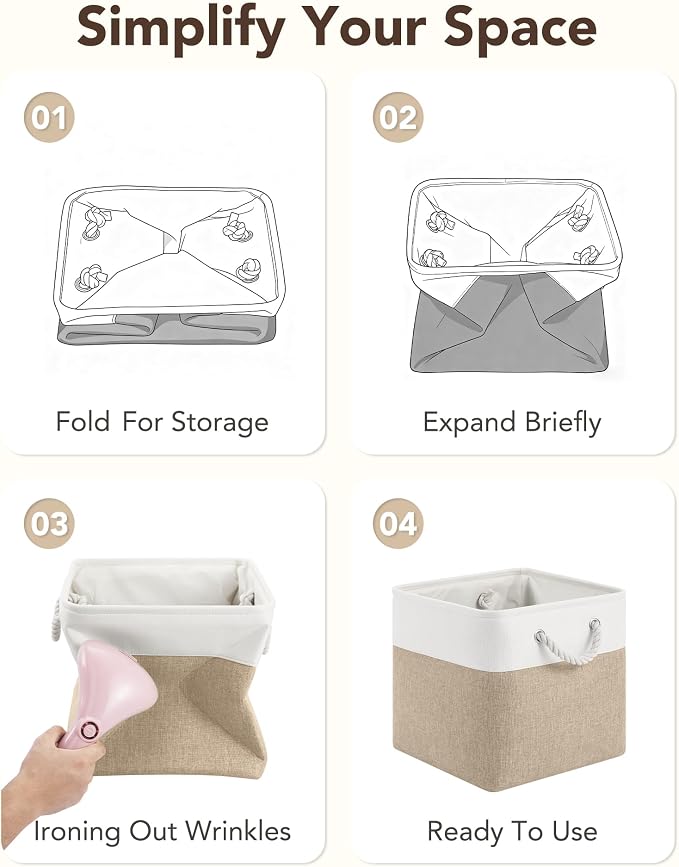 12x12 Inch Fabric Cube Storage Bins with Cotton Rope Handle 6-Pack | Top Support of Metal Frame, Bottom with Cardboard Support, Foldable Storage Bins for Closet, Bedroom, White Khaki