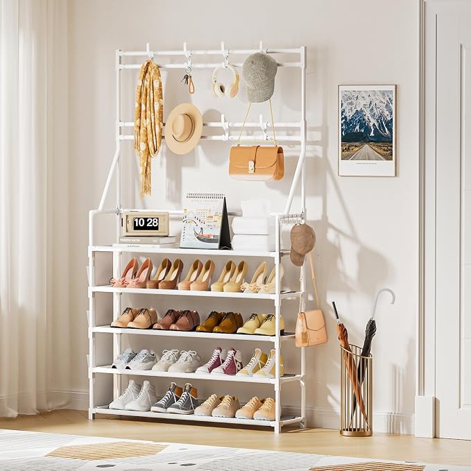 OYREL Shoe Rack 5 Tier Shoe Racks Organizer 20-25 Pairs for Closet | Entrance Shoe Storage Shelf with Hooks and Side Pocket Entryway Shoe Holder Space Saving Free Standing Shoe Racks