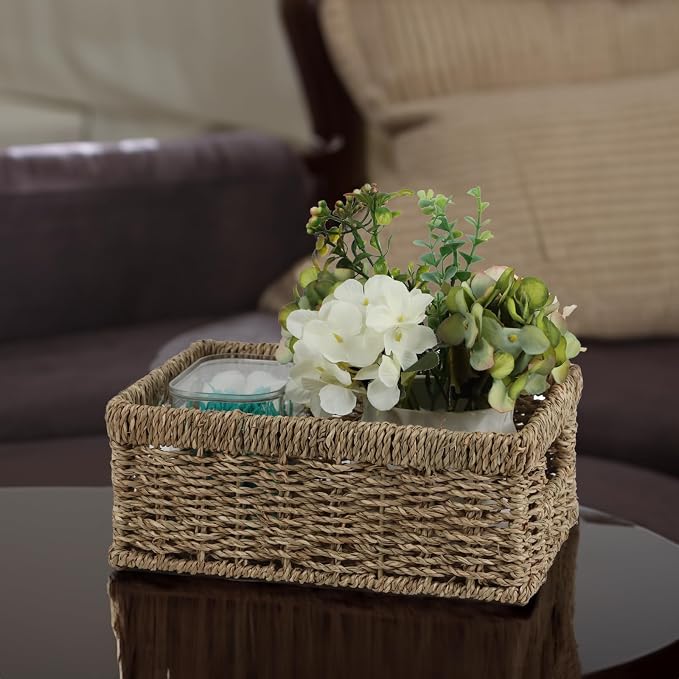 Wicker Baskets, Baskets for Organizing, Rattan Woven Basket for Storage, Organizer Bins with Built-in Handles, Storage Basket for Shelves (Seagrass, Small)
