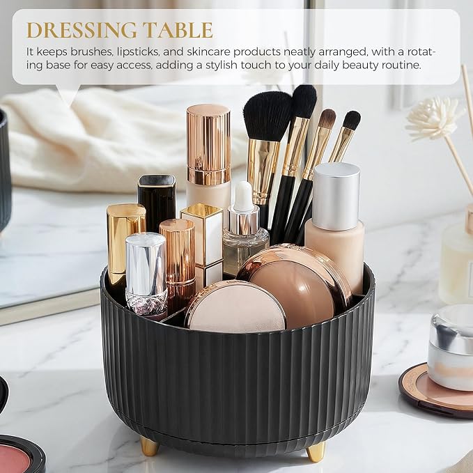 KONVINIT Pencil Pen Holder for Desk, 5 Slots 360 - Degree Rotating Desktop Organizer, Cute Desk Organizers and Accessories for School, Home, Office and Art Supply, Black