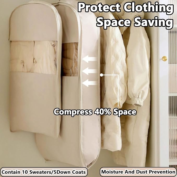 Space Saving Hanging Garment Bag with Self Compression Zipper，Dust Cover Clothes Bags for Down Coat,Dress,Suit，Closet Storage Organizer for Home Travel Use (Pink, XL)
