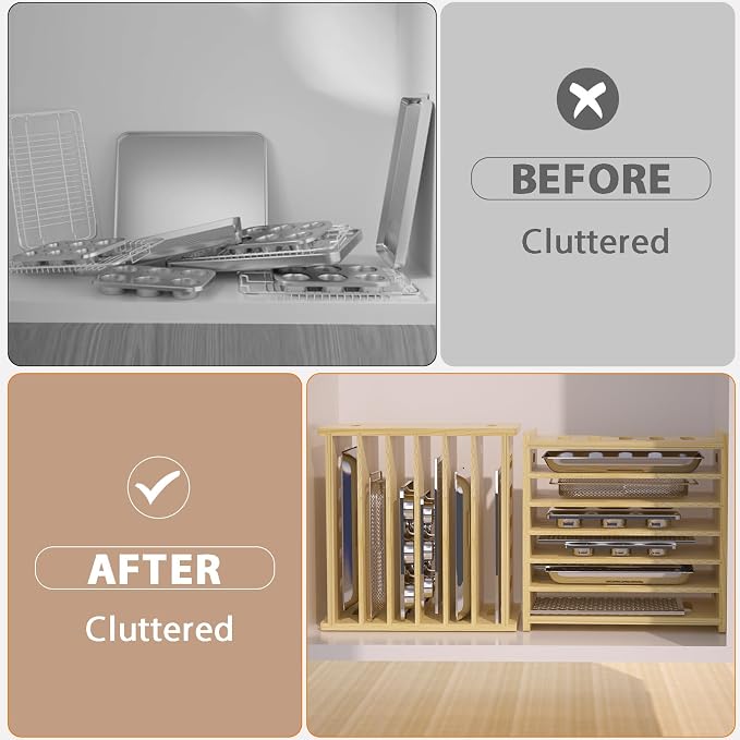 7 Tier Wooden Tray Dividers for Cabinets | Baking Cookie Sheet Organizer, Vertical/Horizontal Cabinet Dividers for Pots, Cutting Board, Kitchen Organizers and Storage