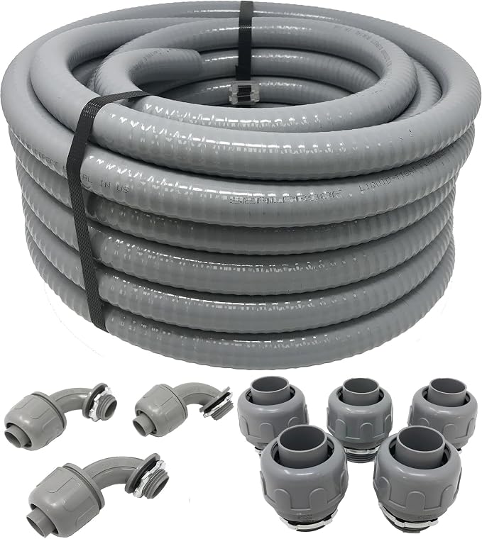 Sealproof 3/4-Inch Non-metallic Liquid-Tight Conduit and Connector Kit, 50 Foot Made in USA Flexible Electrical Conduit Type B with 5 Straight and 3 90-Degree Conduit Connector Fittings, 0.75" Dia